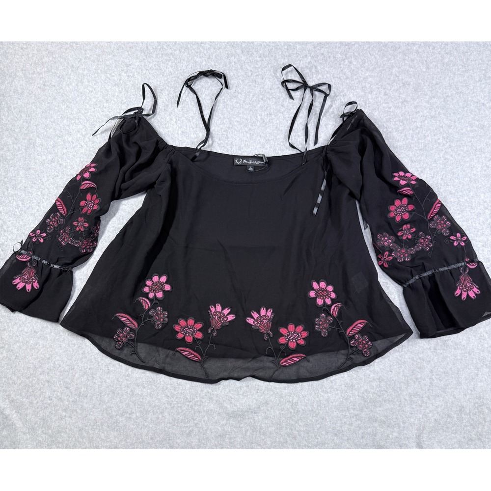 For Love & Lemons Blouse Women L Black Good Floral Embroidered Boho Ribbon Tie - Picture 2 of 14